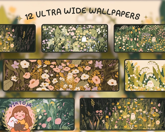 Kawaii flower ghost spring Ultrawide Wallpaper Set Desk Setup Desktop for 21:9 32x9