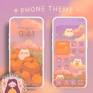 Kawaii pumpkin bear phone theme 2 iOS theme android theme cute phone icons Halloween wallpaper fall theme ipad theme autumn tablet wallpaper