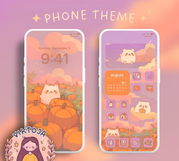 Kawaii Pumpkin Bear Phone Theme: iOS + Android (Digital Download)