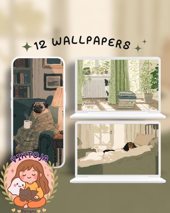 Cozy Dog Wallpapers: Pugs, Dachshunds (Digital Download)
