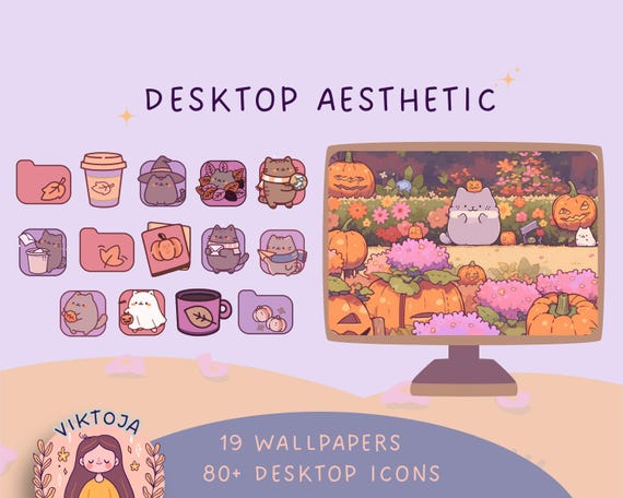 Pumpkin Cat Desktop Wallpaper & Icons, Kawaii Fall Theme (Digital Download)