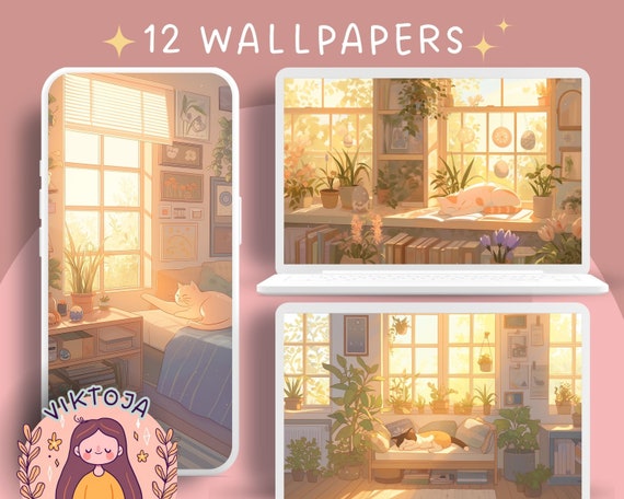 Cozy Cats Wallpaper Set: Spring Plants & Books (Digital Download)