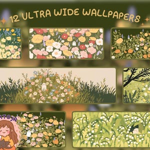 Può includere: Una collezione di 12 sfondi ultra-wide con disegni floreali. Gli sfondi presentano varie composizioni floreali in formati rettangolari, con uno schema di colori verde e beige. Il testo "12 ULTRA WIDE WALLPAPERS" è incluso.