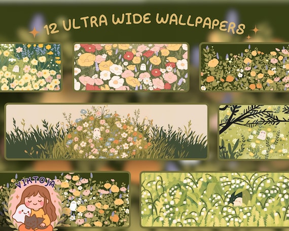 Kawaii flower ghost spring Ultrawide Wallpaper Set Desk Setup Desktop for 21:9 32x9