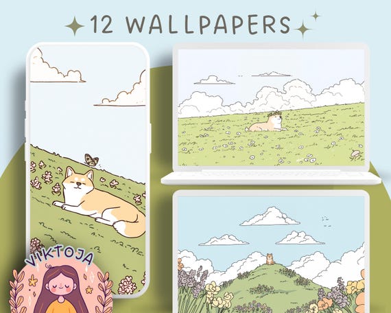 Shiba Inu Sakura Wallpaper: Pastel Desktop Backgrounds (Digital Download)