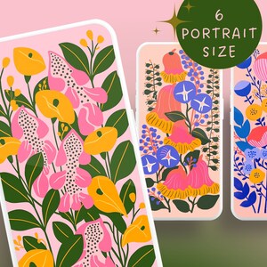May include: Three phone mockups with floral illustrations. The first phone has a pink background with yellow, pink, and green flowers. The second phone has a pink background with red, yellow, and blue flowers. The third phone has a blue background with pink, yellow, and blue flowers.