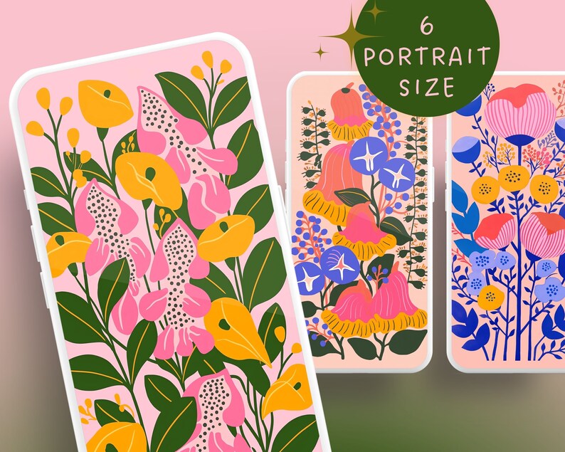 May include: Three phone mockups with floral illustrations. The first phone has a pink background with yellow, pink, and green flowers. The second phone has a pink background with red, yellow, and blue flowers. The third phone has a blue background with pink, yellow, and blue flowers.