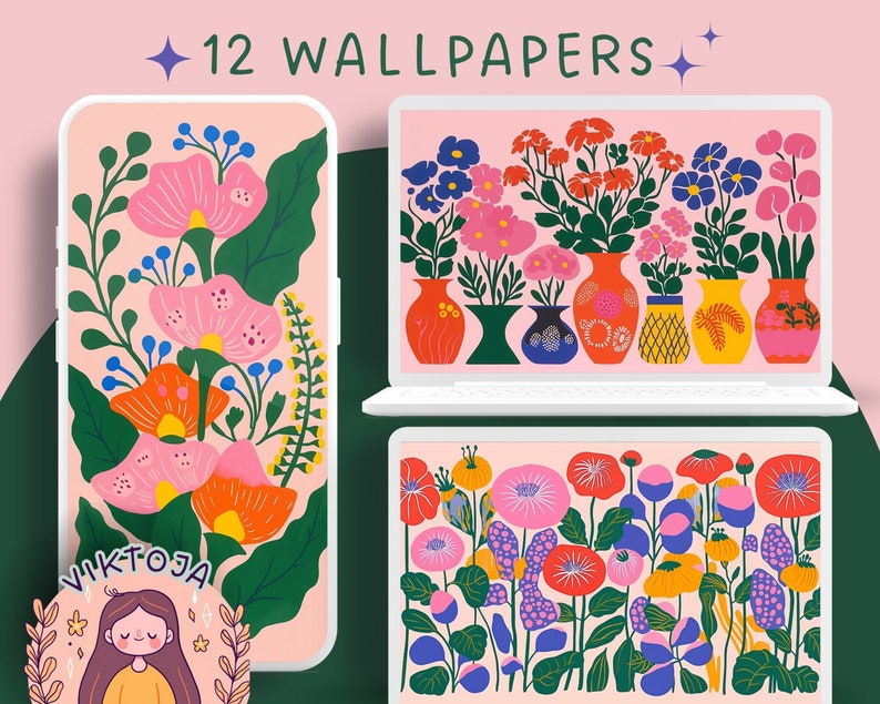 May include: Twelve digital wallpapers featuring colorful floral arrangements in vases. The flowers are in shades of pink, red, yellow, and blue. The vases are in various shapes and colors. The background is a light pink.