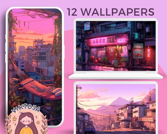 Japanese Pink City Lofi Wallpaper, Neon Anime Background (Digital Download)