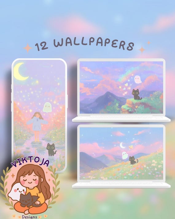 Dreamy Spring Black Cat and ghost Wallpaper: 12 Pastel Phone & Desktop Backgrounds (Digital Download)