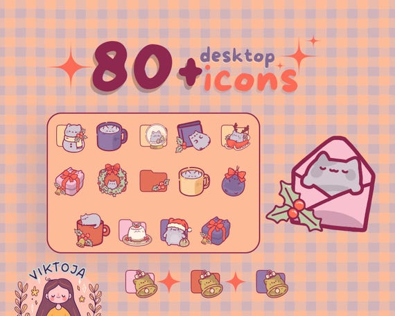 Christmas Cat Desktop Icons: Kawaii Holiday Theme (80 PNG & ICO)