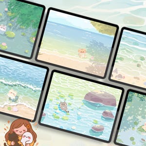 May include: A collection of digital art displayed on tablets, featuring serene scenes of cartoon animals in natural settings. The artwork includes images of a beach, a pond with lily pads, and a girl hugging a cat and a ghost.