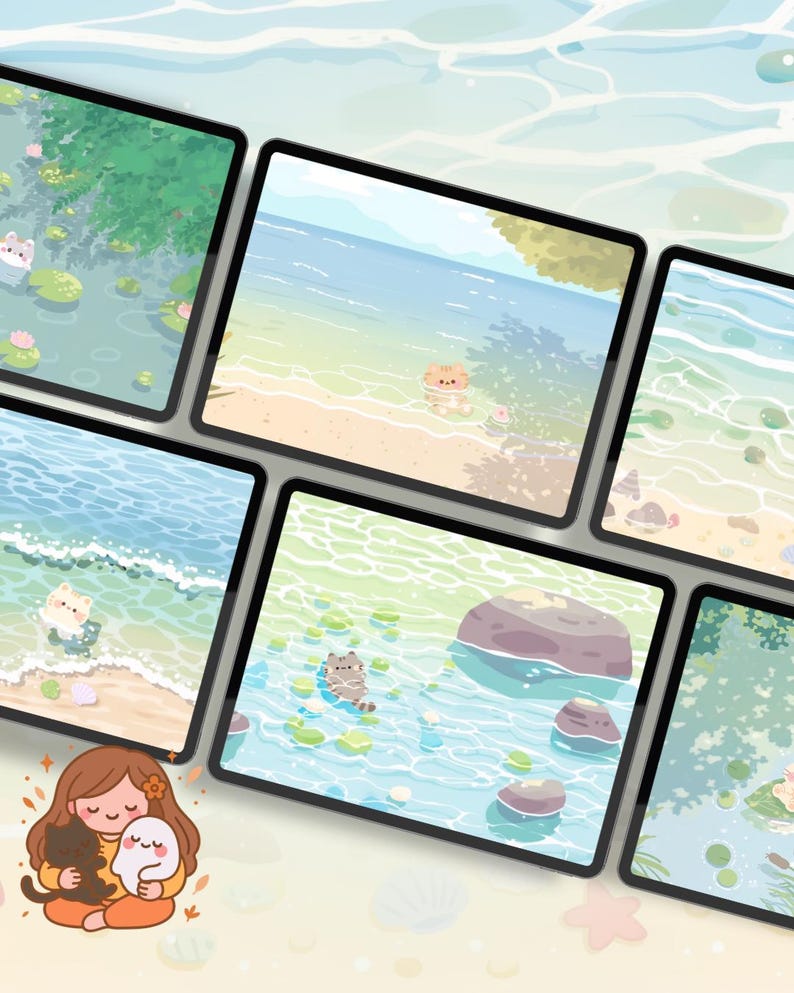 May include: A collection of digital art displayed on tablets, featuring serene scenes of cartoon animals in natural settings. The artwork includes images of a beach, a pond with lily pads, and a girl hugging a cat and a ghost.