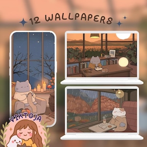 May include: Digital art featuring 12 wallpapers with cozy cat illustrations. The designs include cats in various settings, such as a room with a window, a laptop with a sunset view, and a laptop with a rainy scene. The image also includes the text "12 WALLPAPERS".