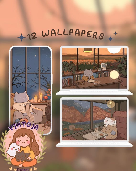 Cozy Kitties Wallpaper: Cozy Fall Desktop Background (Digital Download)