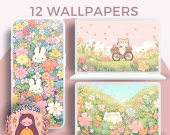 Kawaii Flower Wallpaper: Pastel Pink Desktop & Phone Backgrounds (Digital Download)