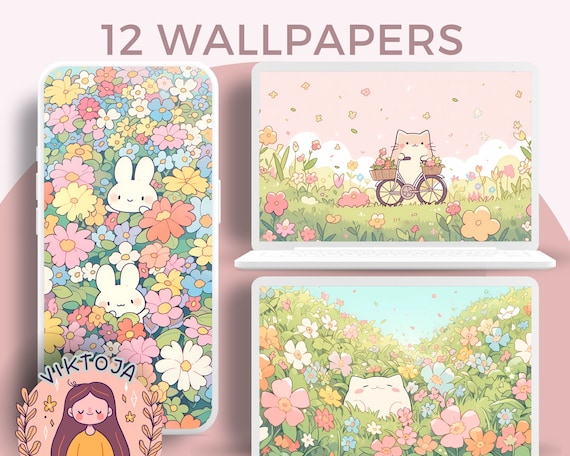 Kawaii Flower Wallpaper: Pastel Pink Desktop & Phone Backgrounds (Digital Download)