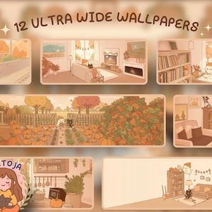 May include: Digital art print with 12 ultra-wide wallpapers, showcasing a warm autumnal theme. The illustrations feature cosy scenes with pumpkins, cats, and fall foliage. The colour palette is dominated by shades of orange, brown, and beige.