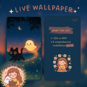 Puede incluir: Una ilustración digital de un fondo de pantalla animado con un gato negro, un fantasma y una luna creciente en un cielo nocturno. El fondo de pantalla está disponible en un solo archivo MP4 e incluye una guía de instalación completa. El texto "LIVE WALLPAPER" está en la parte superior de la imagen. El texto "VIKTOJA" está en la parte inferior de la imagen.