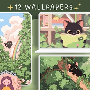 Black Cat wallpaper plants wallpaper green cozy Wallpaper desktop matcha wallpaper kawaii Instant Download anime wallpaper cats and plants