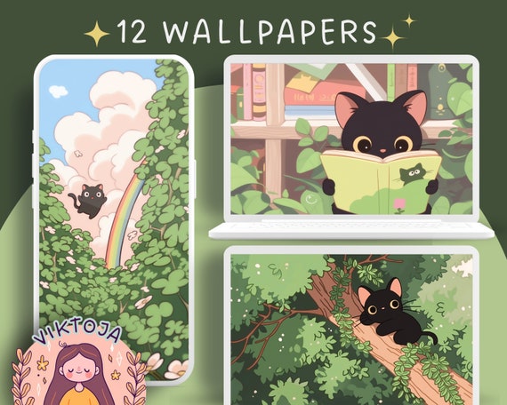 Black Cat Wallpaper Set, Cozy Kawaii Style (Digital Download)