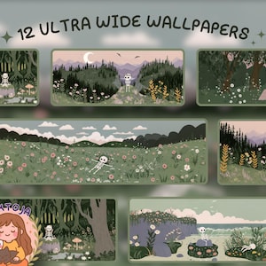 May include: A digital art print with 12 ultra-wide wallpapers, each displaying a unique illustration. The wallpapers depict various nature scenes, such as forests and fields, each featuring a skeleton character. The text "12 ULTRA WIDE WALLPAPERS" is at the top of the image.