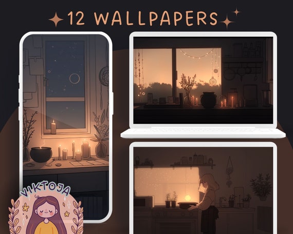 Witchy Desktop Wallpapers, Cozy Dark Academia Scenes (Digital Download)