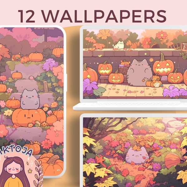 Kawaii pumpkin cats Wallpaper autumn wallpaper halloween desktop wallpaper cozy screensaver kawaii background phone wallpaper fall 4k