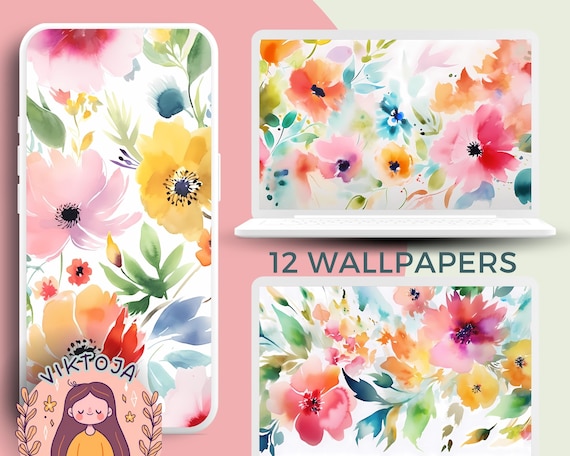 Watercolor Floral Wallpaper Set: 12 Desktop & Mobile Backgrounds (Digital Download)
