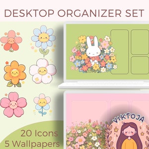 Zestaw organizerów na pulpit Kawaii Flower, przytulne tapety, ikony kwiatowe, anime, pastelowy organizer na pulpit, urocze ikony na pulpit, różowa tapeta