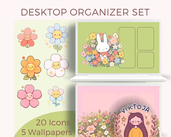 Kawaii Floral Desktop Organizer Set: Anime Pastel Icons & Wallpapers