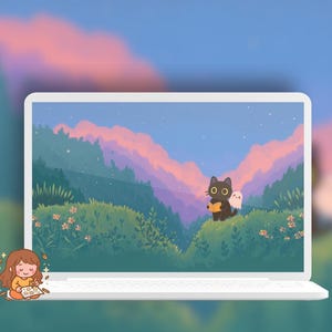 May include: A white laptop displays a whimsical illustration of a black cat reading a book with a ghost, set against a landscape of green hills and a sunset sky. A cartoon girl is drawing on the side.