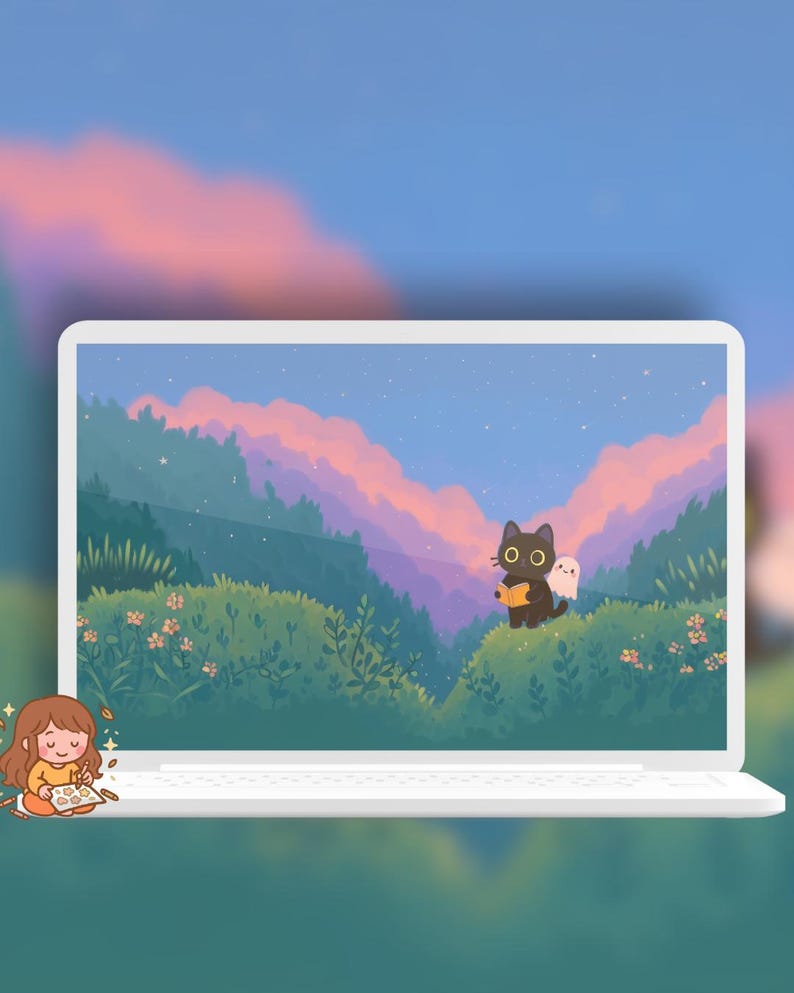 May include: A white laptop displays a whimsical illustration of a black cat reading a book with a ghost, set against a landscape of green hills and a sunset sky. A cartoon girl is drawing on the side.