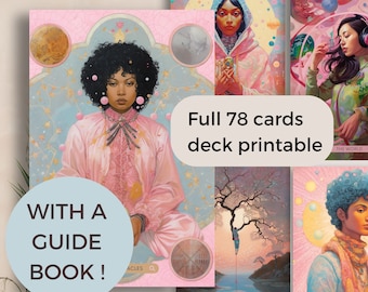May include: A printable tarot deck with 78 cards featuring colorful illustrations of people and celestial imagery. The text "Full 78 cards deck printable" is displayed on a pink background. The text "With a guide book!" is displayed on a light blue circle.