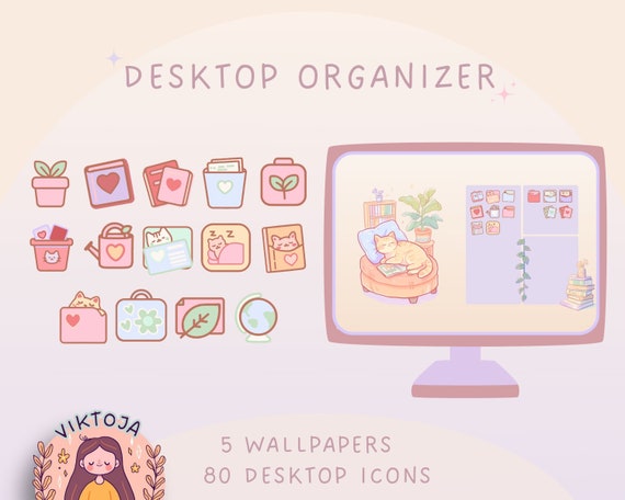 Pastel Cat Desktop Organizer: Kawaii Wallpaper & Icons (Digital Download)