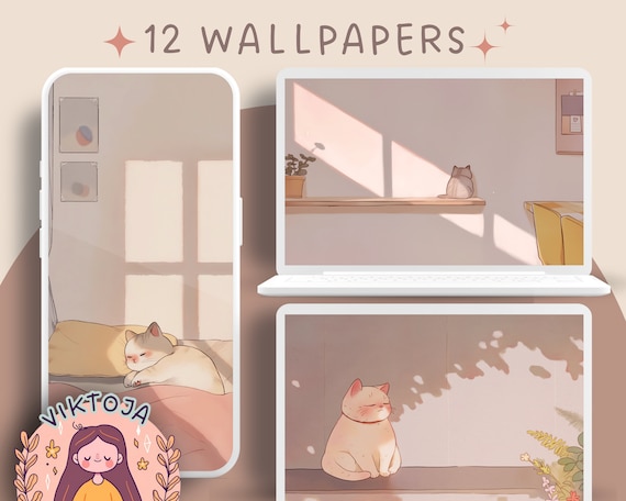 Cozy Cats & Plants Wallpaper Bundle: Kawaii Desktop Backgrounds (Digital Download)
