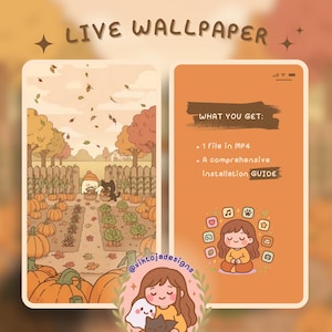 Op de afbeelding: Een digitaal live wallpaper-ontwerp met een herfstthema. Het linkerpaneel toont een pompoenveldscène met cartoonfiguren. Het rechterpaneel toont de tekst "WHAT YOU GET:" en "1 bestand in MP4" en "A comprehensive Installation GUIDE".