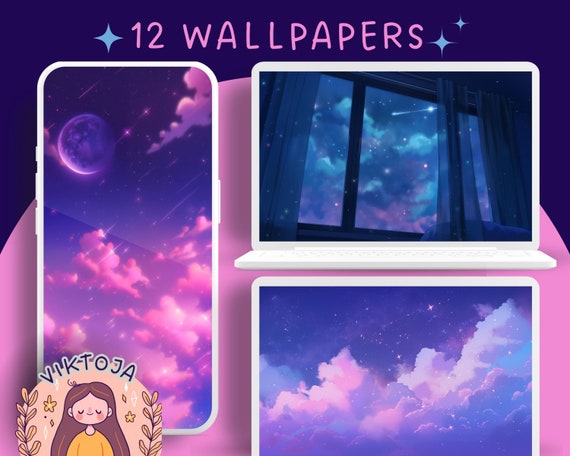 Lofi Dark Sky Wallpaper Set: Kawaii Galaxy Phone & Desktop (Digital Download)