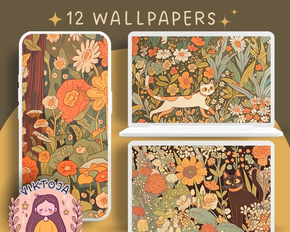 Cottagecore Cats Wallpaper Bundle: Cozy Floral Backgrounds (Digital Download)