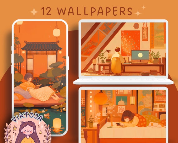 Orange Wallpaper Set, Lofi Anime Style (Digital Download)