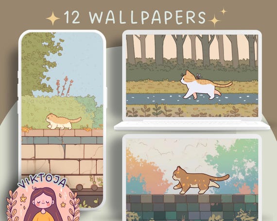 Cozy Cat Wallpaper Bundle: Anime Style Phone & Desktop Backgrounds (Digital Download)