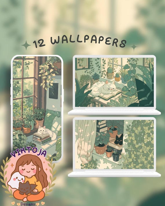 Green Cats Wallpaper Set: plants and books (Digital Download)