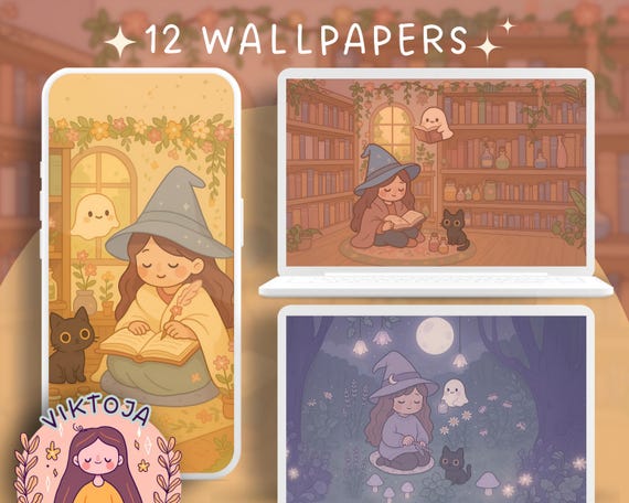 Kawaii Witch Wallpaper Set for Phone & Desktop (Digital Download)