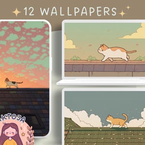 Cat on a roof 3 wallpaper anime cozy Wallpaper desktop Bundle boho wallpaper kawaii Instant Download cute wallpaper cats and plants