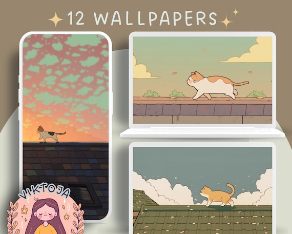 Cozy Cat on Roof Wallpaper Bundle: Anime Desktop & Phone (Digital Download)