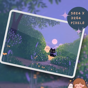 May include: A digital illustration of a serene night scene. A black cat with a blue scarf and a ghost are on a path in a lush garden. The image has a soft, dreamy quality with a full moon in the sky. The image dimensions are 5824 x 3264 pixels.