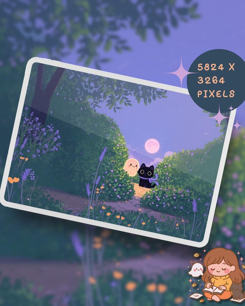 May include: A digital illustration of a serene night scene. A black cat with a blue scarf and a ghost are on a path in a lush garden. The image has a soft, dreamy quality with a full moon in the sky. The image dimensions are 5824 x 3264 pixels.