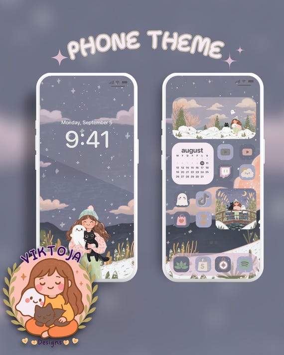 Winter purple snow Cat Phone Theme: iOS Android Icons & Wallpaper (Digital Download)