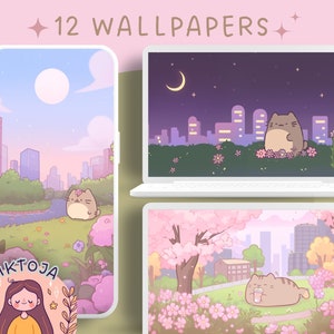 Cat in the city Wallpaper pastel wallpaper pink desktop wallpaper cute screensaver kawaii phone flower wallpaper Sakura background