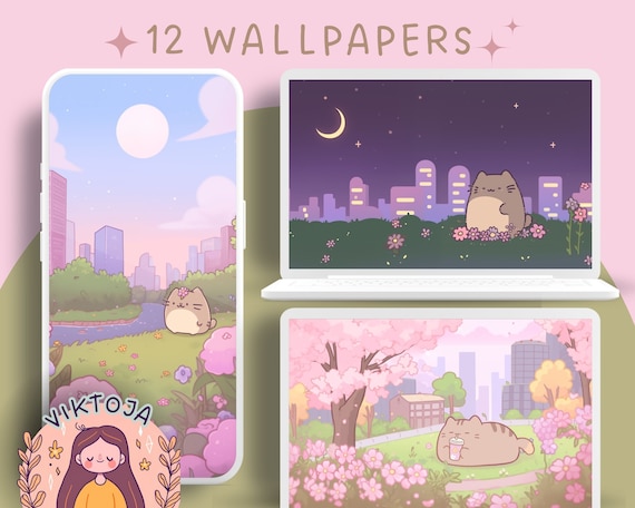 Cat in City Wallpaper: Pastel Pink Kawaii Screensaver (Digital Download)